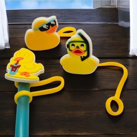 Rubber Duck Straw Topper NWT Stanley Yeti 3pc Silicone Reusable Yellow Ducky Set - Picture 3 of 5